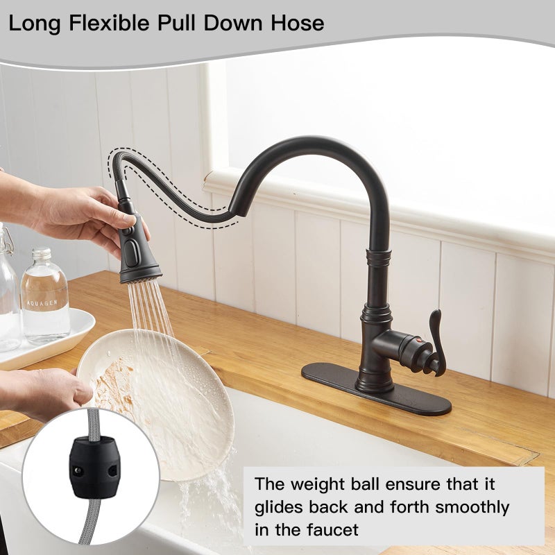 Homevacious Matte Black Kitchen Faucet with Pull Down Sprayer 3 Functions Vintage Single Handle Antique Brass Pull Out Sink Faucet 1 or 3 Hole with Deck Plate Supply Lines for Farmhouse Camper Rv Bar - Image 3