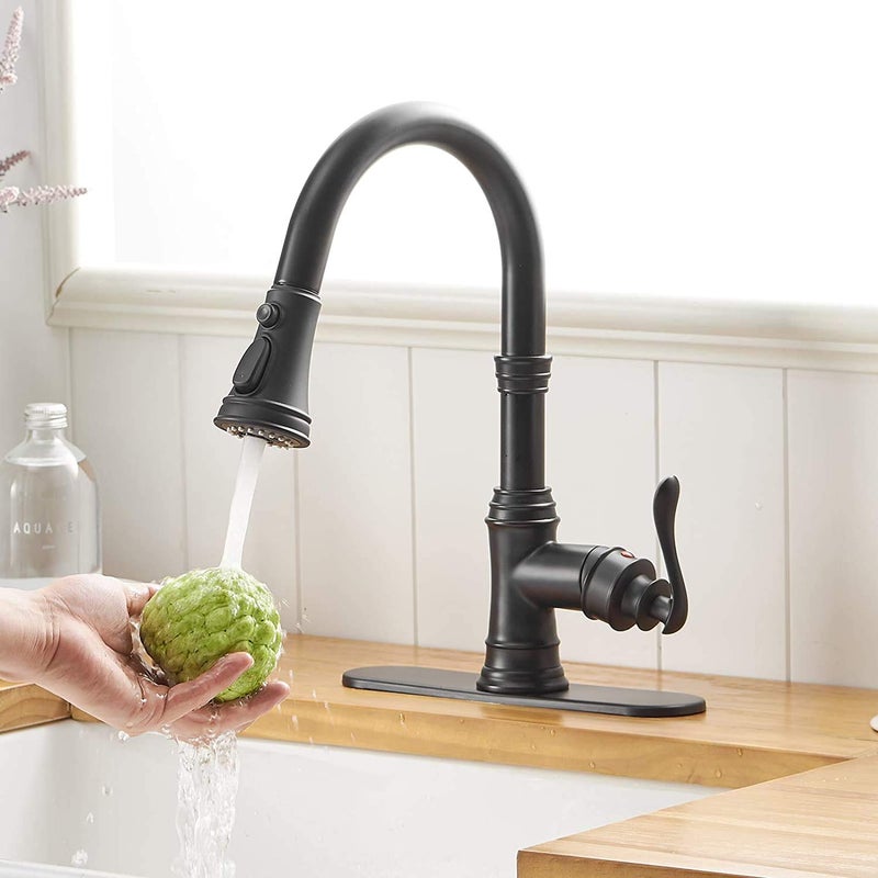 Homevacious Matte Black Kitchen Faucet with Pull Down Sprayer 3 Functions Vintage Single Handle Antique Brass Pull Out Sink Faucet 1 or 3 Hole with Deck Plate Supply Lines for Farmhouse Camper Rv Bar - Image 1