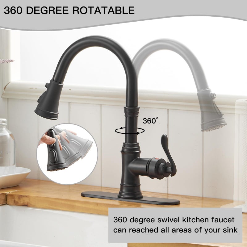 Homevacious Matte Black Kitchen Faucet with Pull Down Sprayer 3 Functions Vintage Single Handle Antique Brass Pull Out Sink Faucet 1 or 3 Hole with Deck Plate Supply Lines for Farmhouse Camper Rv Bar - Image 2
