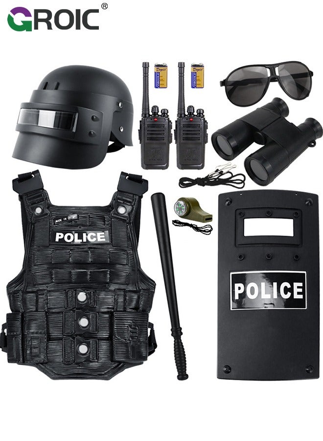 GROIC 11Pcs Police Costume Toys, Police Accessories Role Play Set, Policeman Pretend Play Set for Kids, Includes Plastic Baton and Binoculars, Adjustable Belt, Sunglasses, Whistle & More - Image 1