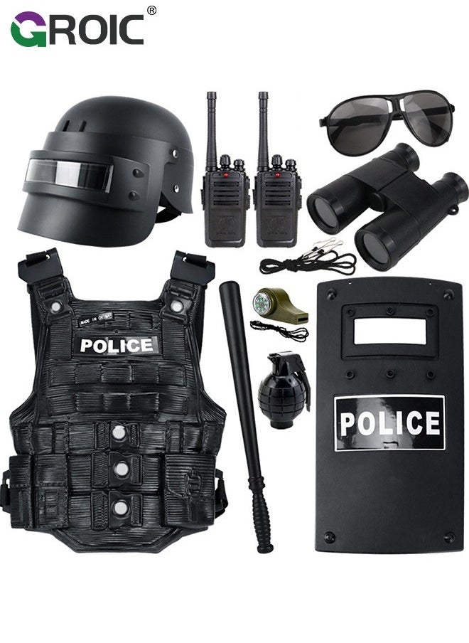 GROIC 11Pcs Police Costume Toys, Police Accessories Role Play Set, Policeman Pretend Play Set for Kids, Includes Plastic Baton and Binoculars, Adjustable Belt, Sunglasses, Whistle & More  - Image 1