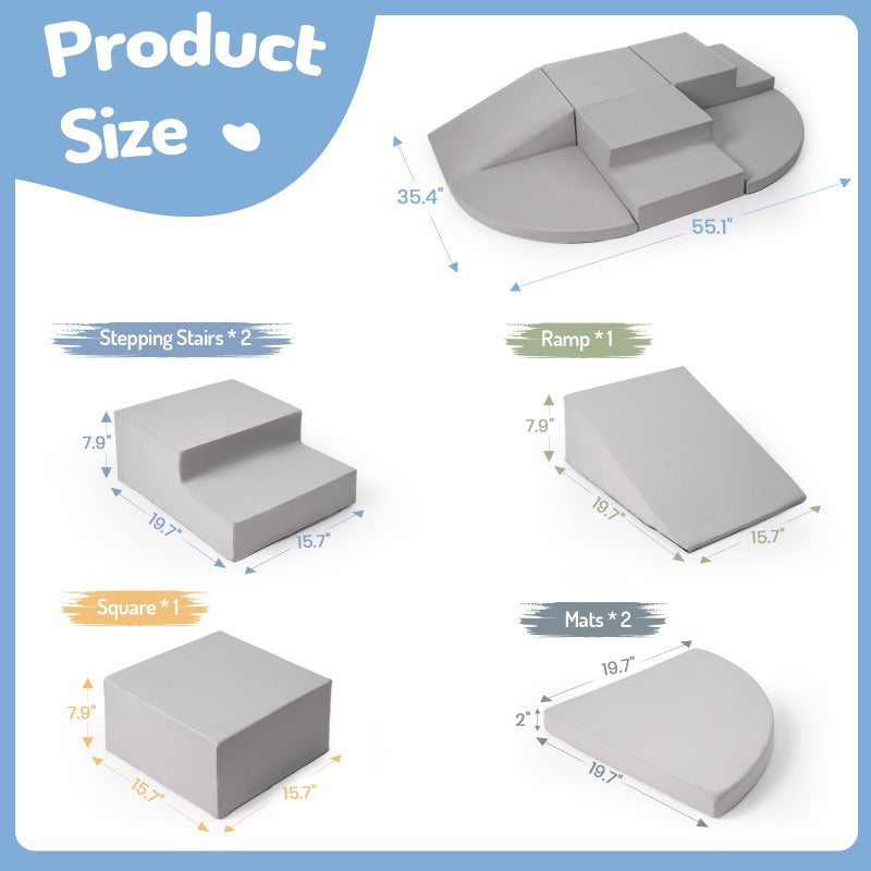Rinnebbit 6-Piece Foam Climbing Blocks for Toddlers, Baby Climb and Crawl Soft Foam Play Set, Machine Washable Cover, Indoor Activity Play Structures, Climbing Toys for Toddlers 1-3 (Gray) - Image 5