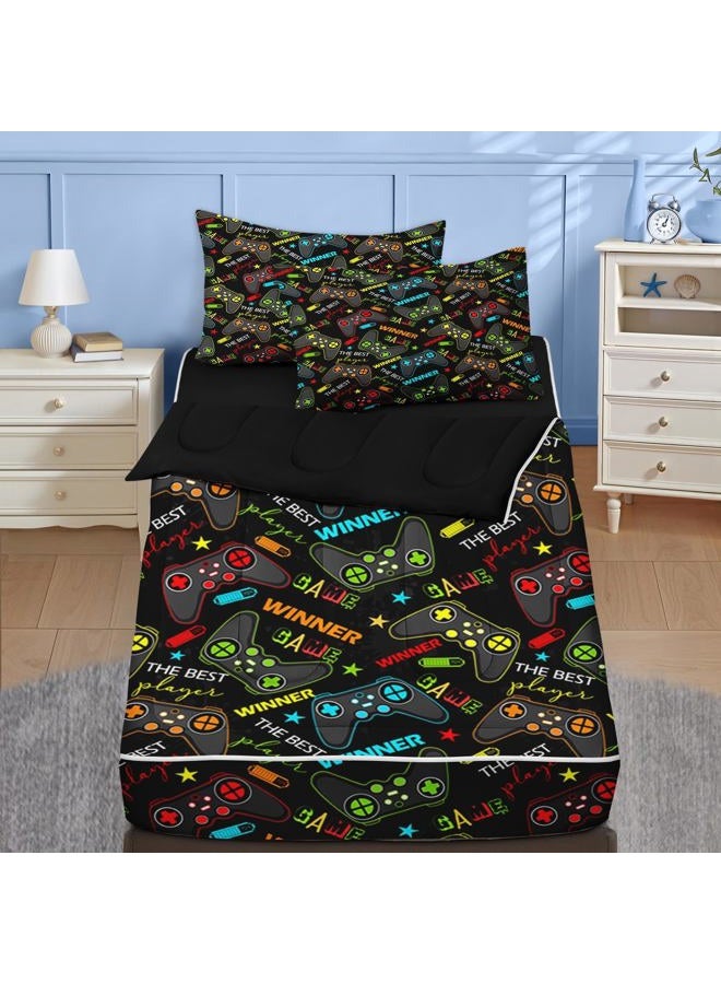 Nesker Zipper Bedding Twin Size Comforter, Colorful Gamepad 3 Pcs Zip Up Bedding for Kids and Boys, Gaming Players Fitted Sheet with Pillowcases - Image 1