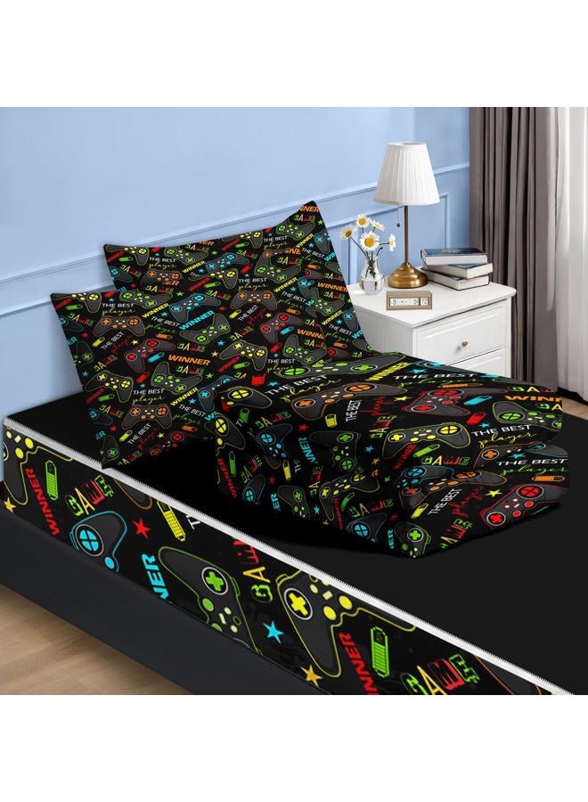 Nesker Zipper Bedding Twin Size Comforter, Colorful Gamepad 3 Pcs Zip Up Bedding for Kids and Boys, Gaming Players Fitted Sheet with Pillowcases - Image 2