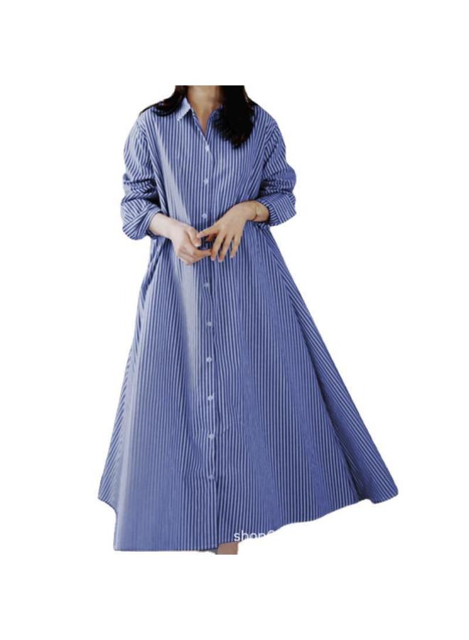 VUELO Muslim Summer Vintage Cotton Lapel Striped Single-breasted Cardigan Long Sleeve Dress - Image 5