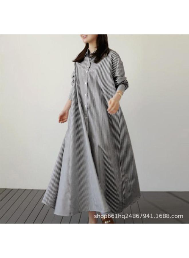 VUELO Muslim Summer Vintage Cotton Lapel Striped Single-breasted Cardigan Long Sleeve Dress - Image 1