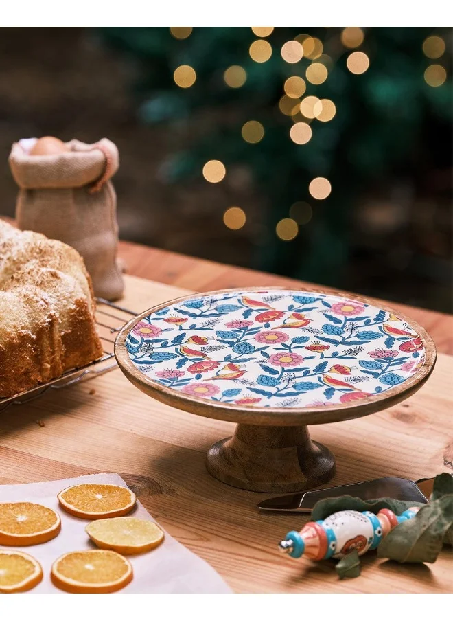 Chumbak Country Wooden Cake stand - Floral, 9.74” x 9.74” x 5”