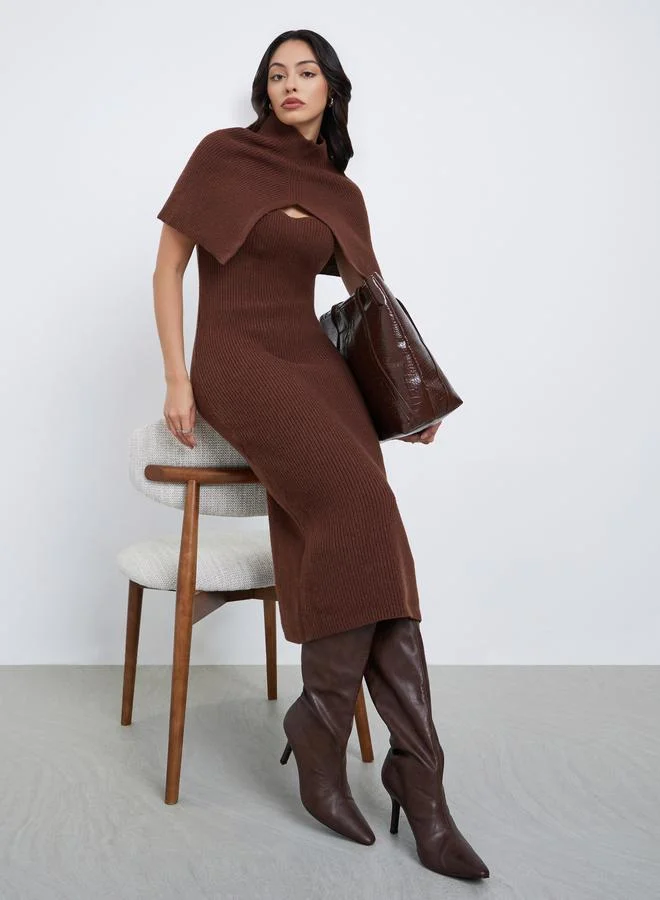 Styli Brown Sweater Midi Dress with Detachable Cape Sleeve