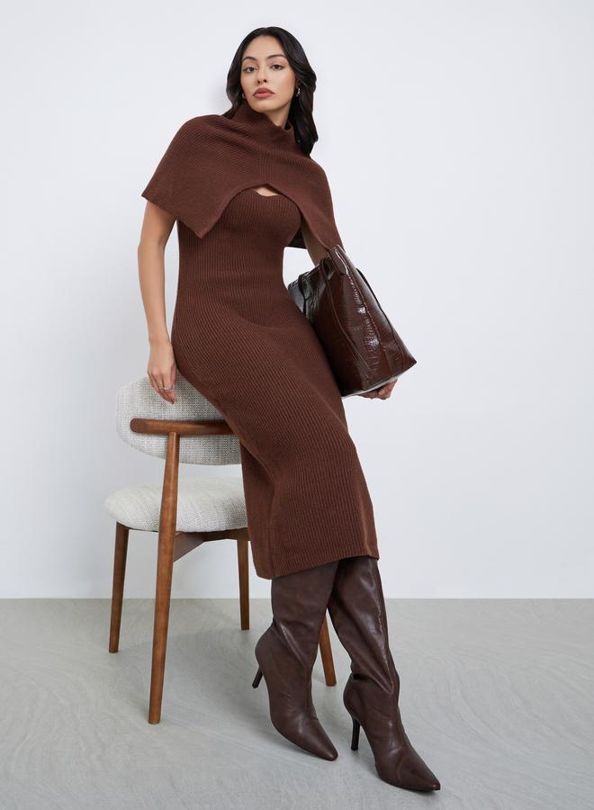 Styli Brown Sweater Midi Dress with Detachable Cape Sleeve - Image 1