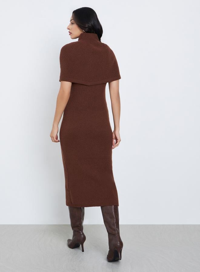 Styli Brown Sweater Midi Dress with Detachable Cape Sleeve - Image 4