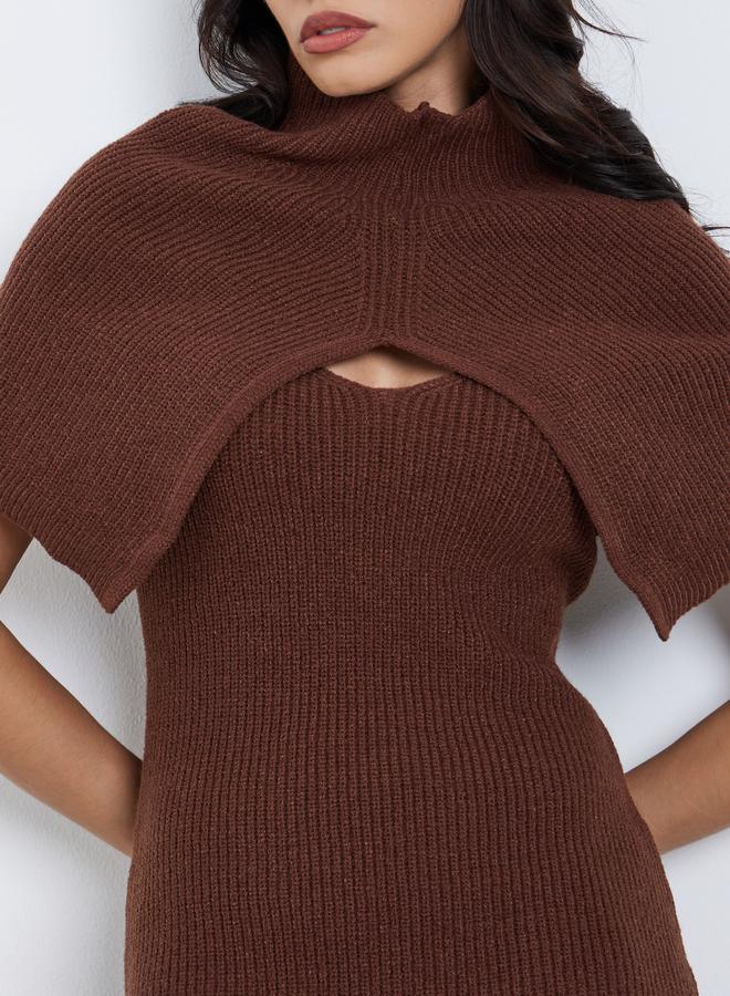 Styli Brown Sweater Midi Dress with Detachable Cape Sleeve - Image 3