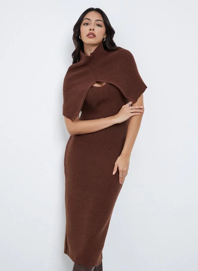 Styli Styli Brown Sweater Midi Dress with Detachable Cape Sleeve