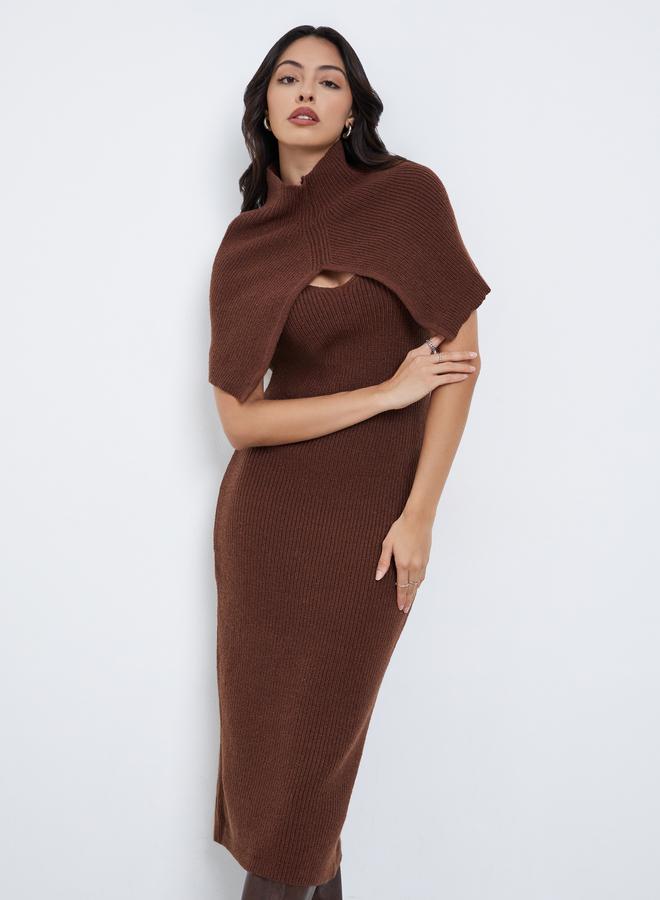 Styli Brown Sweater Midi Dress with Detachable Cape Sleeve - Image 2