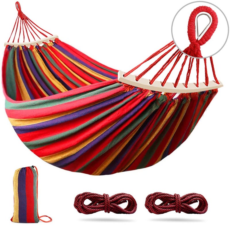 Outerman 275 x 155 cm Camping Hammock Hammocks Thickened Canvas Fabric with 550lb Load Capacity Two Anti Roll Balance Beam and Sturdy Metal Knot Tree Straps for Travel Beach Backyard etc