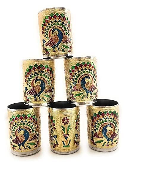 2heet Stainless Steel Handmade Meenakari Peacock Design Glass Set – Decorative Golden Glass 250ml, Traditional Indian Drinkware | Stainless Steel Glasses for Home, Wedding & Diwali Gift-(Set of 6) - Image 3