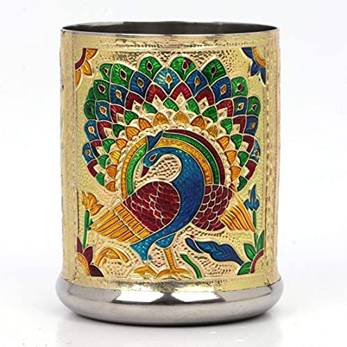 2heet Stainless Steel Handmade Meenakari Peacock Design Glass Set – Decorative Golden Glass 250ml, Traditional Indian Drinkware | Stainless Steel Glasses for Home, Wedding & Diwali Gift-(Set of 6) - Image 5