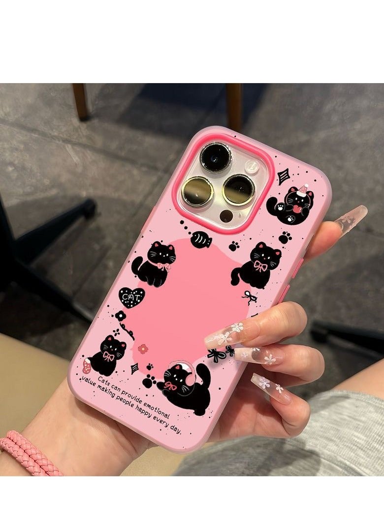 NIBEMINENT Cute Hollow Black Cat Protective TPU Case Cover For iPhone 15 Plus, Pink