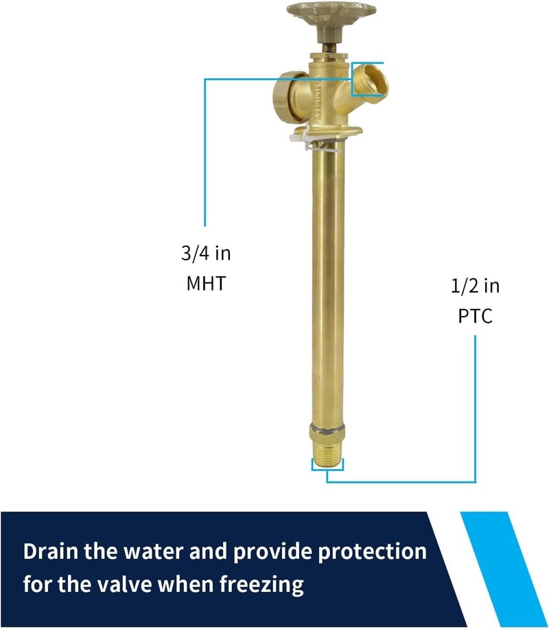 Himaweek 12 Inch Anti-Siphon Frost Free Sillcock Valve Multiturn 1/2 Inch NPT, 3/4 Inch Hose Bibb, Brass Body,Brass Valve 12 inch Length - Image 3