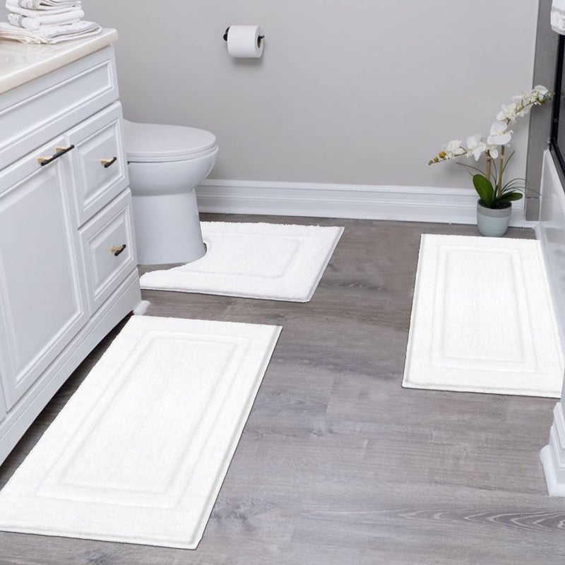 SHACOS White Bathroom Rugs Sets 3 Piece, 16"x24" + 20"x32" Non Slip Bath Mat and 20"x24" Toilet Rugs U Shaped Washable, Soft Fluffy Water Absorbent Bath Rugs for Bathroom - Image 1