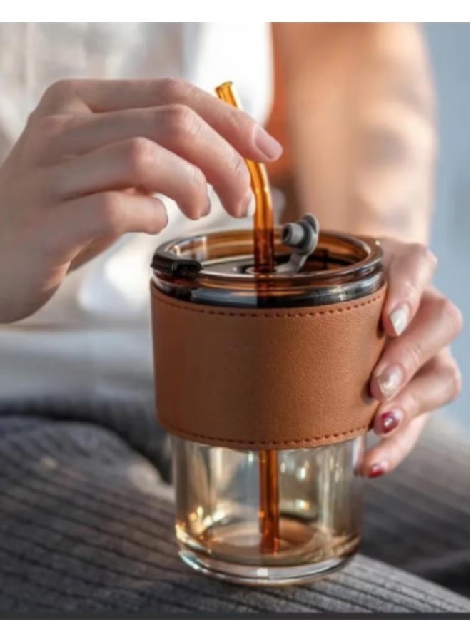 كوب حراري زجاجي مع غطاء جلدي بني، غطاء، وماصة - Image 1