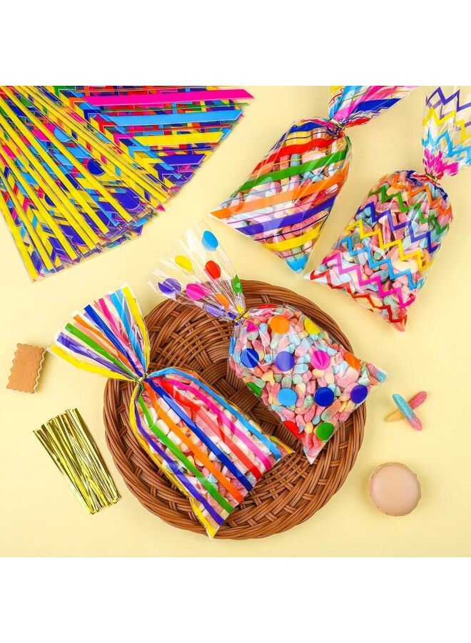 Generic 100 Pieces Cellophane Bags Plastic Candy Gift Bags Cellophane Treat Bags with Twist Ties Stripes Polka Dot Printed Pattern Goodie Bags for Birthday Weddings Party Favors  - Image 4