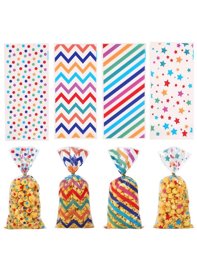 Generic 100 Pieces Cellophane Bags Plastic Candy Gift Bags Cellophane Treat Bags with Twist Ties Stripes Polka Dot Printed Pattern Goodie Bags for Birthday Weddings Party Favors  - Image 1