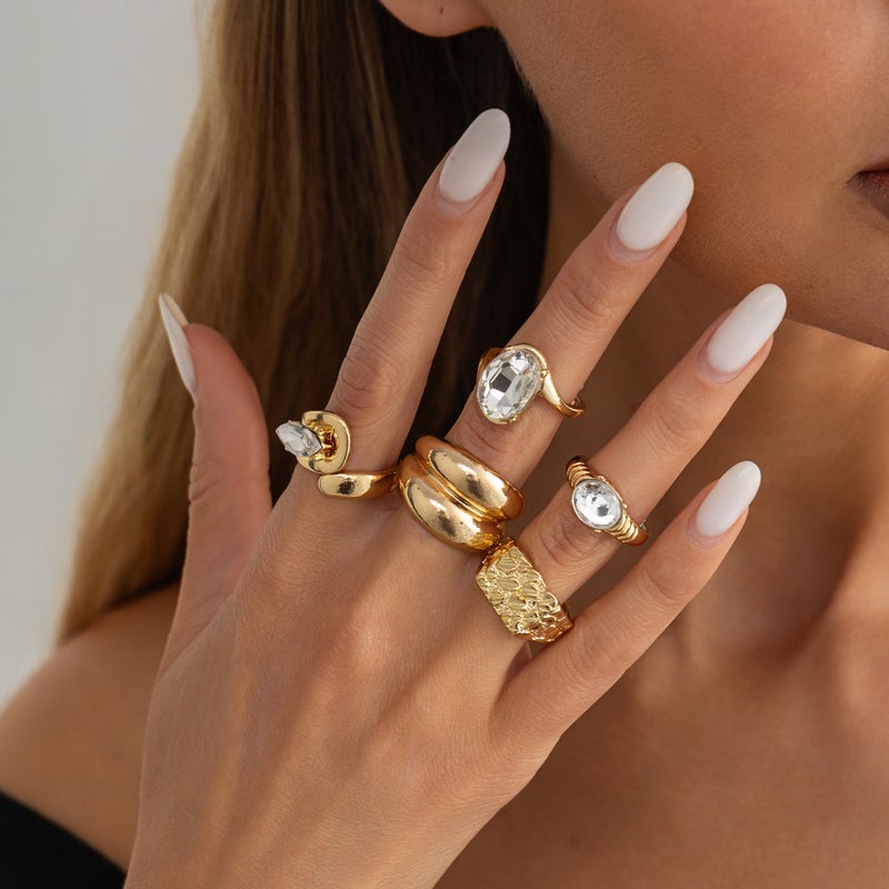 SHIXIN European and American Cross-Border Fashion Jewelry: Hollowed-Out Diamond-Inlaid Irregular Rings, Vintage Alloy Pleated Ring Set - Image 1