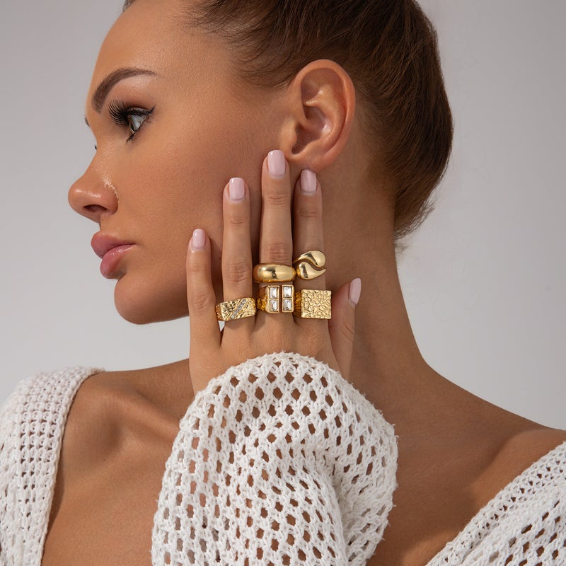 SHIXIN European and American Cross-Border Fashion Jewelry: Hollowed-Out Diamond-Inlaid Irregular Rings, Vintage Alloy Pleated Ring Set - Image 2