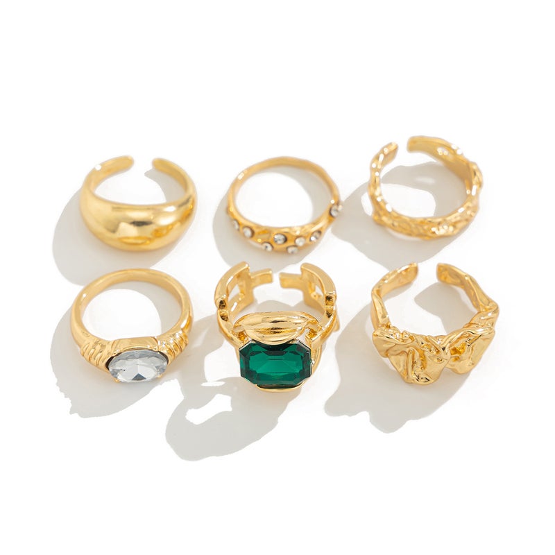 SHIXIN European and American Cross-Border Fashion Jewelry: Hollowed-Out Diamond-Inlaid Irregular Rings, Vintage Alloy Pleated Ring Set - Image 5