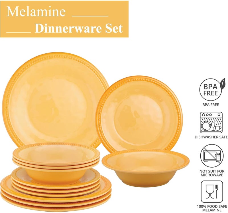 UPware 12 Piece Beaded Melamine Dinnerware Sets Outdoor Dishes Set Plates and Bowls Sets Service for 4 Yellow - Image 4