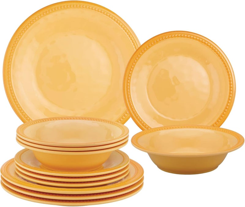 UPware 12 Piece Beaded Melamine Dinnerware Sets Outdoor Dishes Set Plates and Bowls Sets Service for 4 Yellow - Image 1