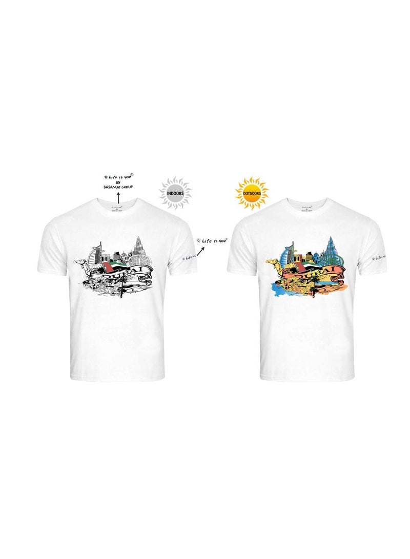 Change Color Under The Sun T-Shirt Burj Al Arab,Burj Khalifa ,Camel, Boat,The Palm,Palm & Desert  - Image 1