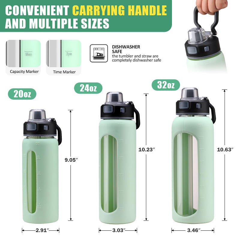 Kodrine 24oz Glass Water Bottle With Straw-2 lids-Reusable Daily Water Intake Glass Bottle with Measurements,Silicone Sleeve, Time Marker, Cupholder Friendly for Home,Gym,Sports-Green - Image 3