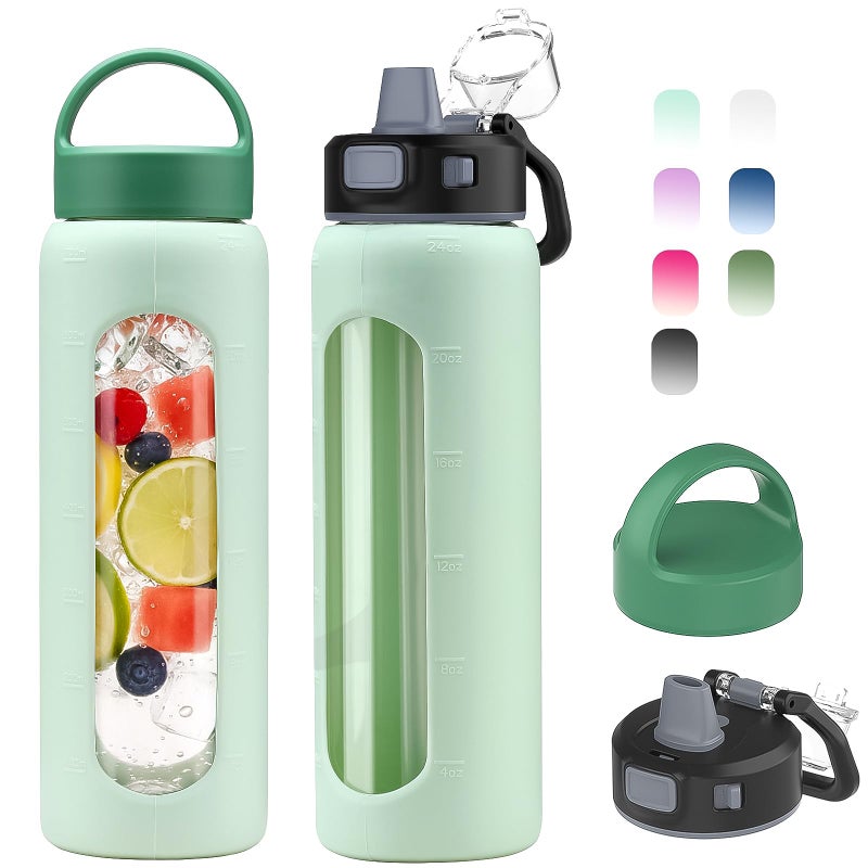 Kodrine 24oz Glass Water Bottle With Straw-2 lids-Reusable Daily Water Intake Glass Bottle with Measurements,Silicone Sleeve, Time Marker, Cupholder Friendly for Home,Gym,Sports-Green - Image 1