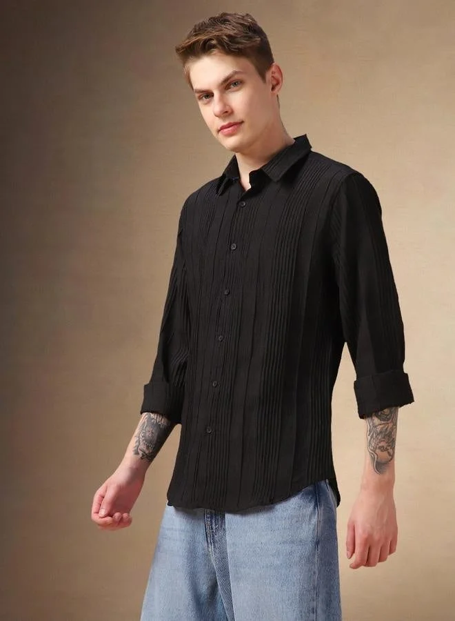 Dennis Lingo Dennis Lingo Regular Fit Spread Collar Textured Shirt with Pintuck Detail