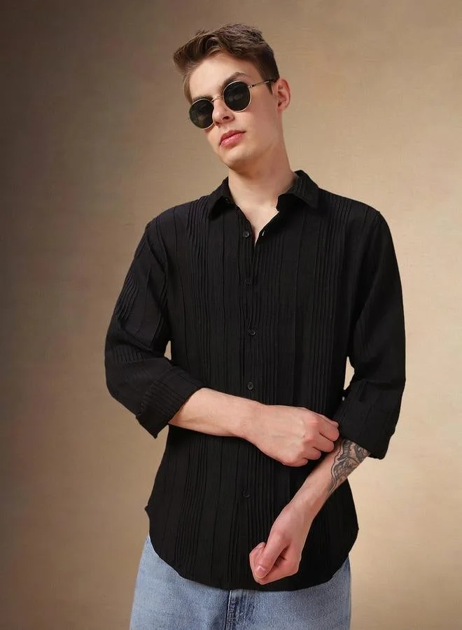Dennis Lingo Dennis Lingo Regular Fit Spread Collar Textured Shirt with Pintuck Detail