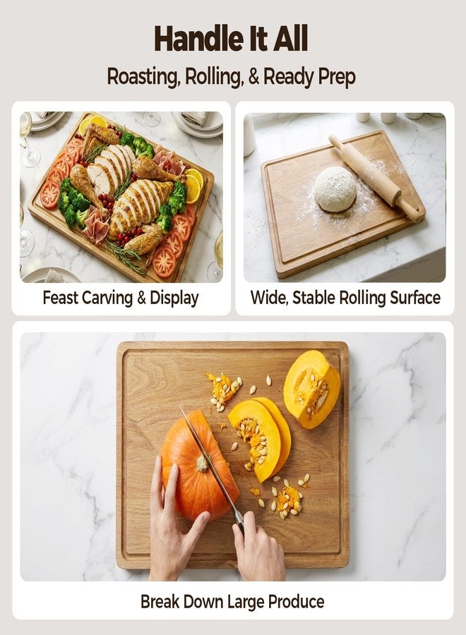 RosiRoli Acacia Wood Cutting Board for Kitchen - 1 inch Thick FSC Certified Wood Charcuterie Cheese Board with Side Handles and Juice Grooves, Wooden Chopping Block for Meat and Veggies, 17x12 inch - Image 4