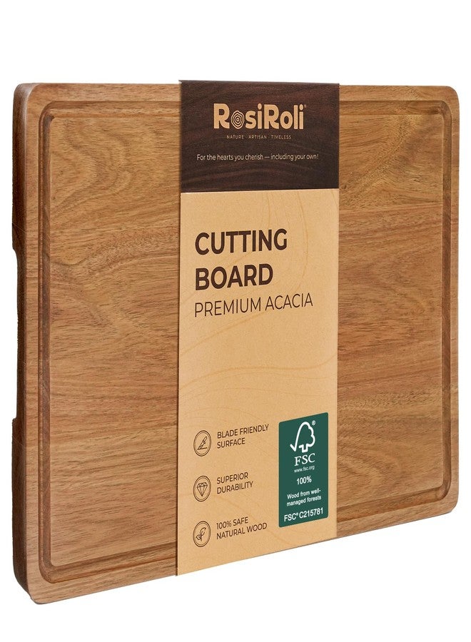 RosiRoli Acacia Wood Cutting Board for Kitchen - 1 inch Thick FSC Certified Wood Charcuterie Cheese Board with Side Handles and Juice Grooves, Wooden Chopping Block for Meat and Veggies, 17x12 inch - Image 1