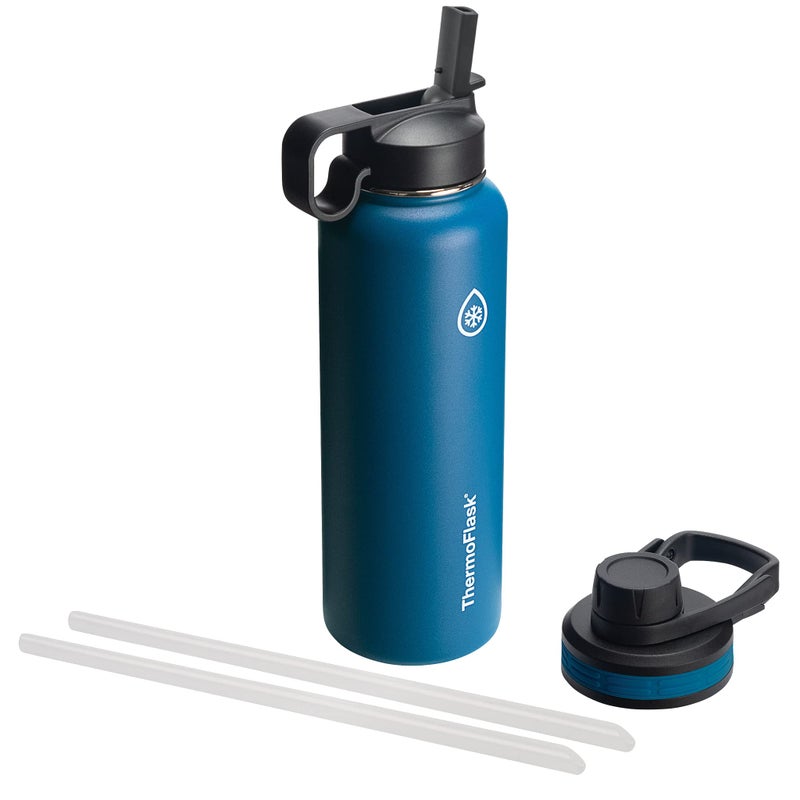ThermoFlask زجاجة ماء ستانلس ستيل معزولة بالفراغ بسعة 40 أونصة من ثيرمو فلاسک، جدار مزدوج، مع غطاء فوهة وقشة، كوبالت - Image 1