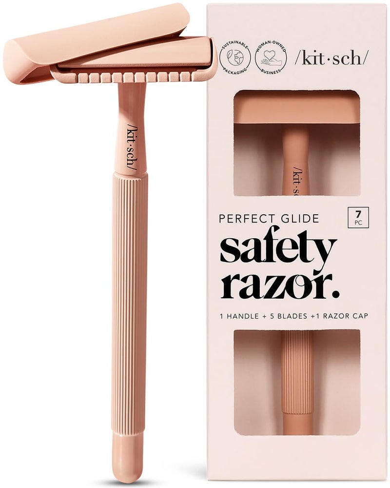 Kitsch Double Edge Safety Razors for Women and Men Long Metal Handle and Stainless Steel Single Blade Razor with 5 Double Edge Refills for Shaving and Travel Essentials Terracotta