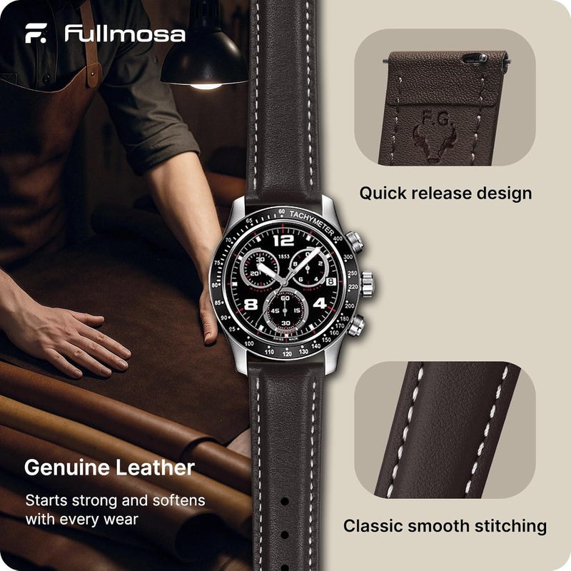 Fullmosa Axus Series 12 Colours Watch Strap, Leather Replacement Watch Strap with Stainless Steel Metal Clasp for Men and Women, 14/16/18/20/22/24 mm, Dark Brown 22 mm - Image 4