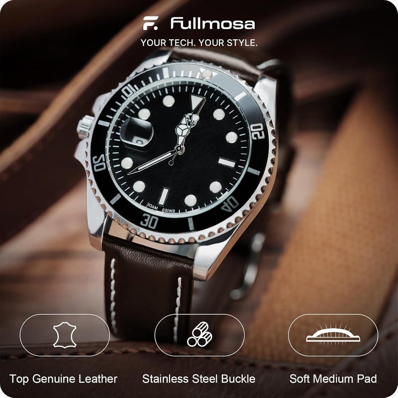 Fullmosa Axus Series 12 Colours Watch Strap, Leather Replacement Watch Strap with Stainless Steel Metal Clasp for Men and Women, 14/16/18/20/22/24 mm, Dark Brown 22 mm - Image 2