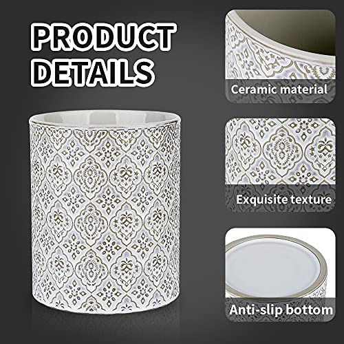 KOOV Kitchen Utensil Holder, Large Utensil Holders for Countertop, 6 x 7 Inches Ceramic Utensil Crock, Deep and Stable, Cooking Utensil Holder, Embossed Pattern, White - Image 2