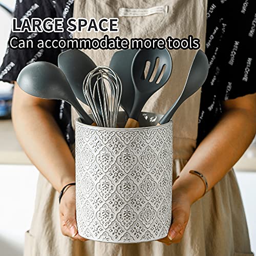 KOOV Kitchen Utensil Holder, Large Utensil Holders for Countertop, 6 x 7 Inches Ceramic Utensil Crock, Deep and Stable, Cooking Utensil Holder, Embossed Pattern, White - Image 4