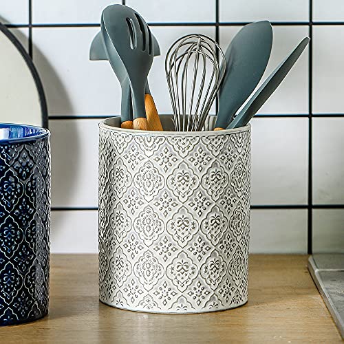 KOOV Kitchen Utensil Holder, Large Utensil Holders for Countertop, 6 x 7 Inches Ceramic Utensil Crock, Deep and Stable, Cooking Utensil Holder, Embossed Pattern, White - Image 5
