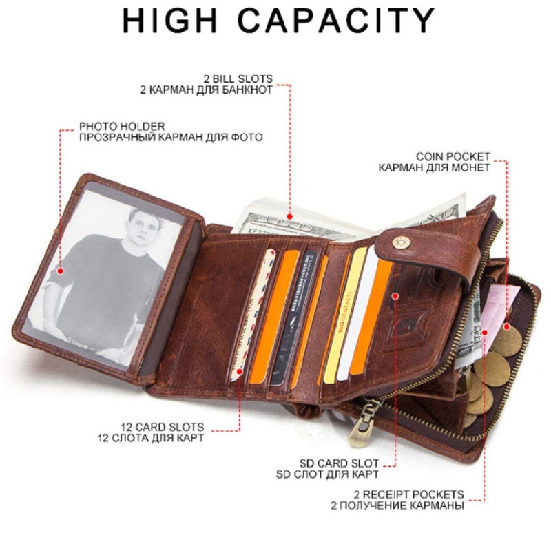 Contacts Men's Genuine Leather Wallet | RFID Blocking Wallet for Men's | 12 to 14 Card Slots Including 1 ID Window | 1 Zipper Coin Pocket, Brown…… - Image 2