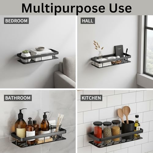 PulGos 1 Pc Heavy Abs Duty Self-Adhesive Bathroom Shelf Rack – Wall Mounted Bathroom Storage Shelf, Multipurpose Kitchen Shelf Organizer, Space-Saving Shelf for Toilet, Shower, Washroom (Black) - Image 2