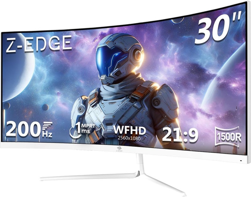 شاشة ألعاب منحنية Z-Edge بيضاء مقاس 30 بوصة 200Hz، زمن استجابة 1 مللي ثانية، 2560x1080، FreeSync، شاشة كمبيوتر بيضاء فائقة العرض 21:9، إمالة قابلة للتعديل، 1500R VA، 2×HDMI2.0 و 2×DP1.4، RGB، VESA 75*75 مم (يشمل كابل DP)