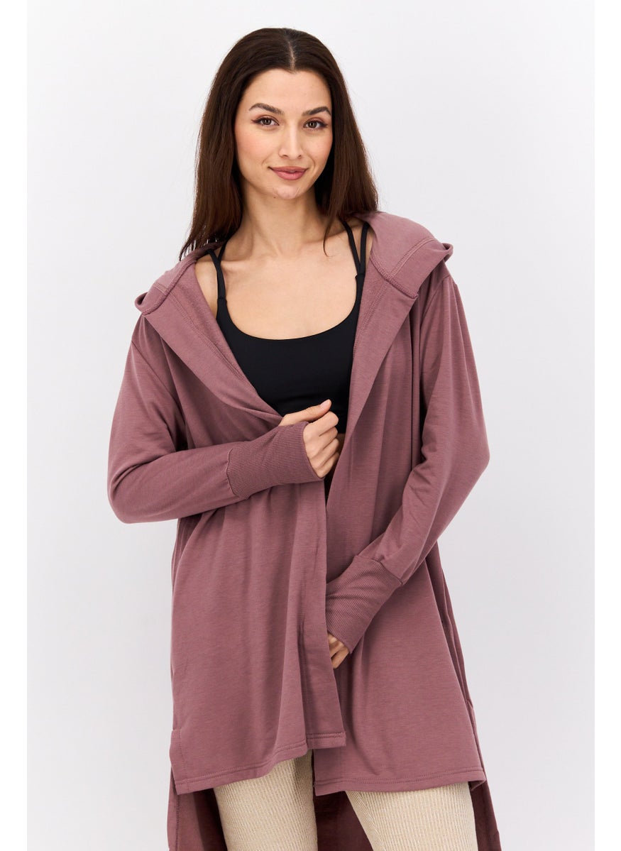 NINE WEST Women Hood Neck Brand Logo Cardigan, Mauve  - Image 2