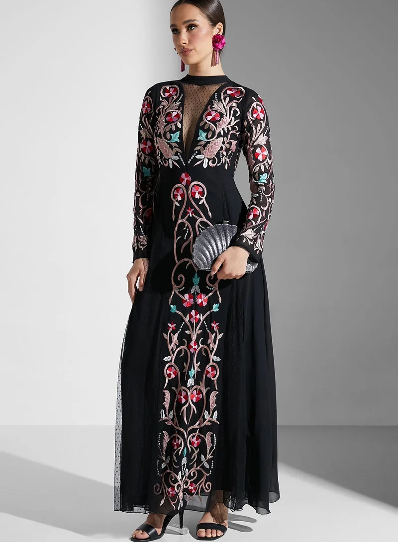 Frock and Frill Mesh Detail Printed Dress